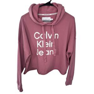 Calvin Klein Jeans Pink and White Cropped Graphic Hoodie